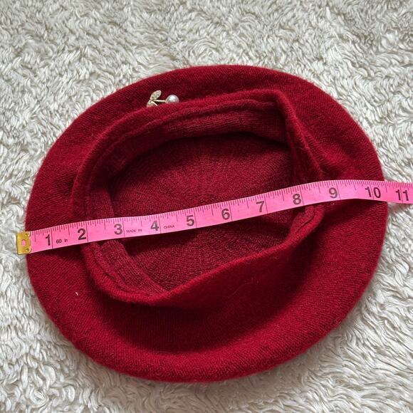 Cute Red Wool Beret with Cherry Rhinestone Pin Chic Fall Winter - Picture 5 of 7